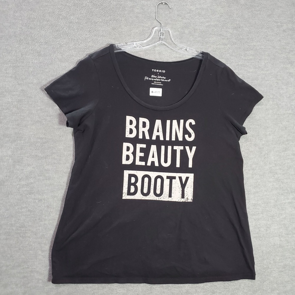 Torrid Women Top 1 Black Shirt Brains Beauty Booty Short Sleeve Slim Fit Tee